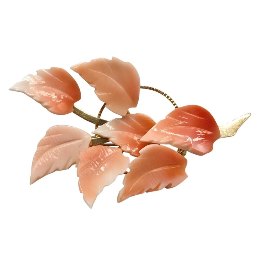 Vintage Pink Carved Shell Leaf Brooch Gold Tone Lightweight Safety Clasp